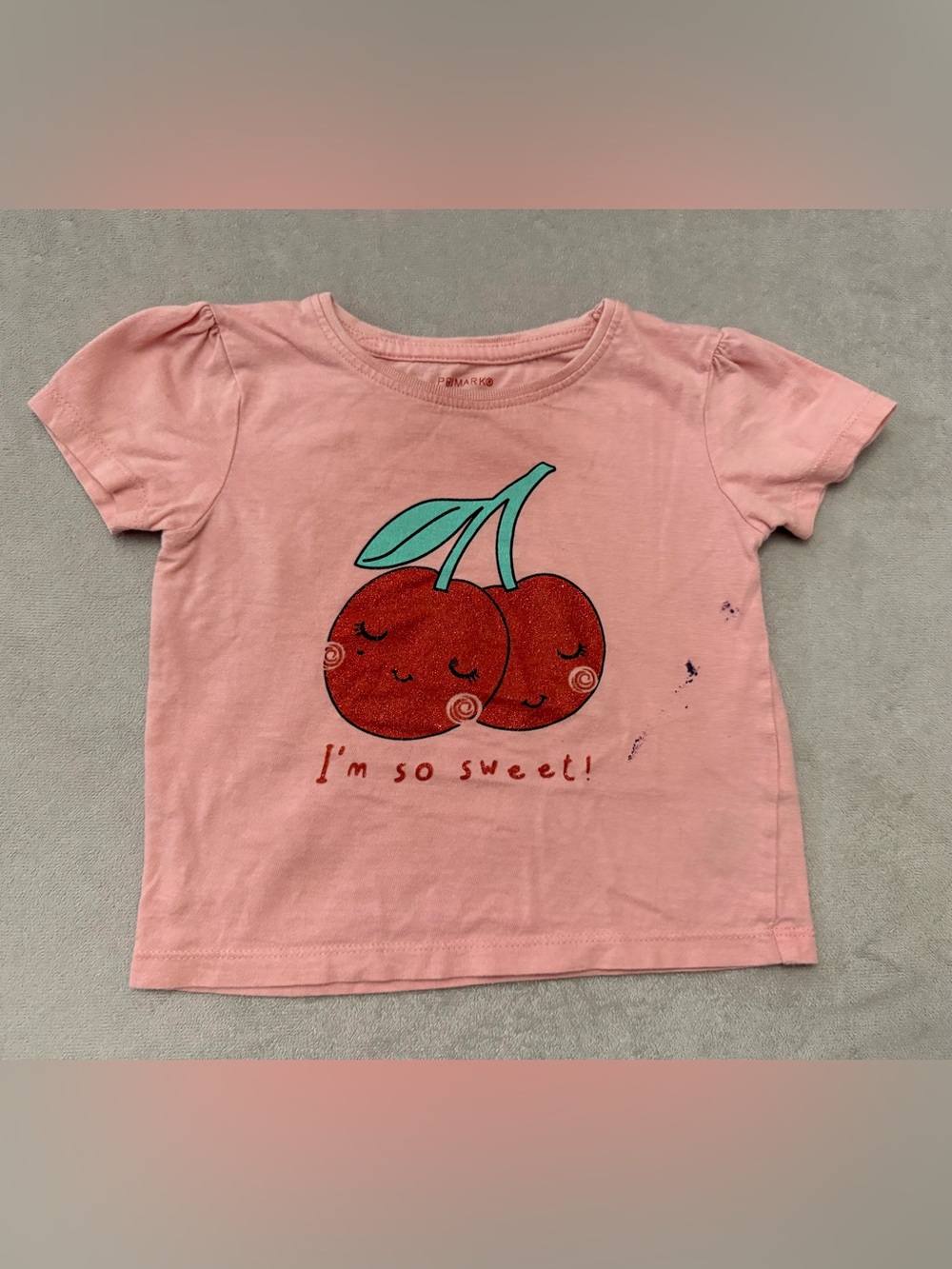Primark Girls Cherry Graphic T Shirt 9-12 Months Pink Cotton Tee Play Condition